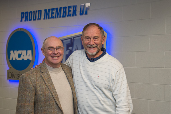 Former classmates enjoy their own reunion. Fredrick T. Gilmour, who attended WACC with Collins, stopped by to greet his college friend. Gilmour studied technical illustration and Collins majored in business administration. Gilmour is a retired college employee and emeritus faculty member. 