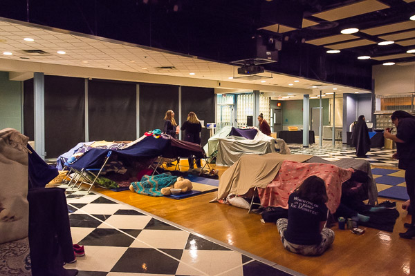 A tent village takes shape on the CC's second floor.