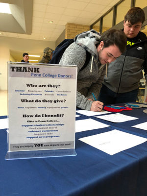 Students add their signatures to "Thank you" cards for employee donors at Penn College.