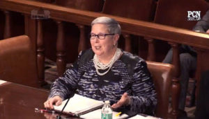 President Gilmour testifies before the Pennsylvania Senate Appropriations Committee in this screen capture from Tuesday's live video feed on PCN.
