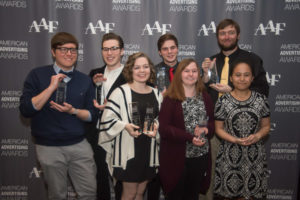 Pennsylvania College of Technology graphic design students and alumni received honors at the American Advertising Federation of Northeast Pennsylvania’s Student American Advertising Awards competition. From left: Jared D. Kosko, Luke A. Bierly, Morgan N. Keyser, Jonathan D. Straub, Emily R. Kahler, Austin L. Fulton and MinhThu H. Nguyen. (Not in attendance were award winners Nicholas J. Vetock and Alexis M. Botek.)