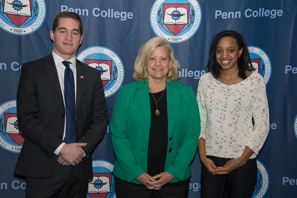 Jennifer L. McCracken (center), director of The College Store, is joined by two recipients of the Penn College – College Store Scholarship: Zachary J. Kravitz and Shemeka K. Bruce. 