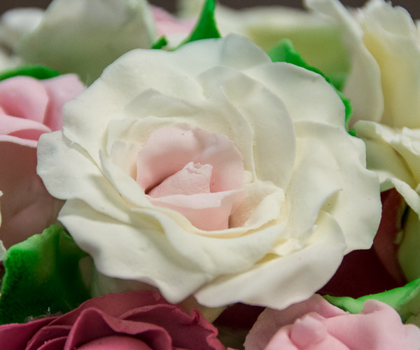 Bickhart's white roses have a realistic, two-tone touch.