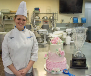 First place in Pennsylvania College of Technology’s annual wedding cake competition is awarded to Jacqueline R. Dull, a baking and pastry arts student from Milton.