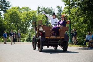 Luke C. Miller (in period-appropriate attire) chauffeurs owner Patricia B. Swigart during the Studebaker's award-winning trip to Hershey in June. (Photo courtesy of the Historic Vehicle Association)