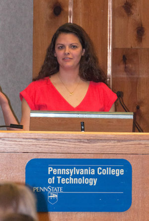 Penn College graduate Taylor C. Biery, who received a degree in health information management in 2013, talks about her work during a Health Information Technology Seminar organized by students at the college.