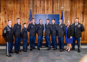 Bald Eagle Battalion Army ROTC held a contracting ceremony April 3 at Penn College. From left are: Master Sgt. Steven Kowatch, senior military science instructor, Lock Haven University; Cadet Austin S. Weinrich, Jenkintown; Cadet Kaitlyn Barmore, Succasunna, N.J.; Cadet Casey A. Curtin, Berwick; Cadet Hayden N. Beiter, Williamsport; Cadet Jordan H. Murray, Chambersburg; Cadet Samuel D. Pollock, Wrightsville; Cadet Christopher T. Craig II, Rixford; Penn College President Davie Jane Gilmour; and Maj. Jonathon M. Britton, professor of military science, Lock Haven University. Beiter, Craig, Curtin, Murray and Weinrich are Penn College students. Barmore and Pollock are students at Lycoming College. 