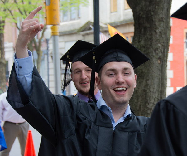 Brandon L. Stover, a welding and fabrication engineering grad from Oil City, expresses the jubilation of the day.