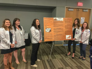 Students present their research on TEDS, SCDs and skin. From left: Lauren D. Bitting, Lauren E. Haus, Chelsey M. Carnrike, Kayla J. Woods and Haley C. Francis.