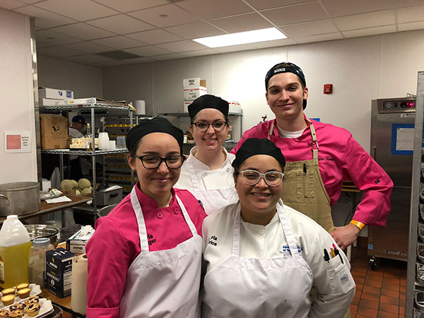Olivia M. Lunger, of Elysburg; Maria E. Berrios, of Bethlehem; Keegan D. Sonney, of Erie; and Dylan H. Therrien, of Reading, spent the entire week in the kitchen of The Mansion, the most exclusive dining facility at Churchill Downs.