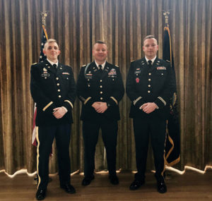 Two Spring 2018 Penn College graduates were among the Bald Eagle Battalion Army ROTC cadets recently commissioned as second lieutenants. Christopher T. Craig II (left), of Rixford, earned a bachelor’s degree in automotive technology management, and Dane M. Boltz (right), of Williamsport, earned a bachelor’s degree in manufacturing engineering technology. Joining them – and administering the oath of office to the new lieutenants – was Maj. Jonathon M. Britton, professor of military science at Lock Haven University, the host institution for Bald Eagle Battalion.