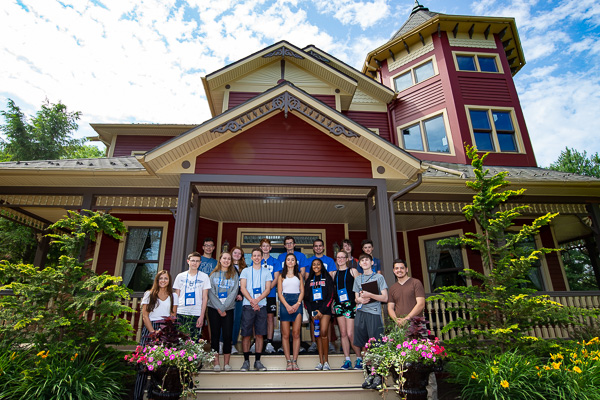 Architecture Odyssey campers pause for a group photo on the steps of the college’s Victorian House. Current students assisting the camp were Olivia Kleman (far left), an architectural technology student from Shamokin, and Riley Ferro (far right), of Berwick, a 2018 architectural technology grad and a building science and sustainable design student.