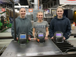 An all-female team from Penn College will compete for gold in welding fabrication at the SkillsUSA National Championships in late June. From left are Natalie J. Rhoades, Weedville; Joelle E. Perelli, Bath; and Erin M. Beaver, Winfield. The three students are seeking bachelor’s degrees in welding and fabrication engineering technology.