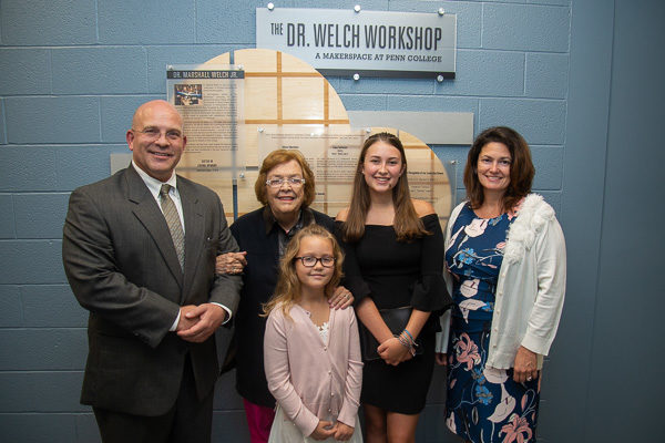 Marshall Welch III and his mother, Mary (left), are joined by his fiancée, Kristy Goss (right); Goss’ daughter Hutton Howard (center); and Welch’s daughter Abigail as they celebrate the dedication of the makerspace named in memory of Dr. Marshall Welch Jr.