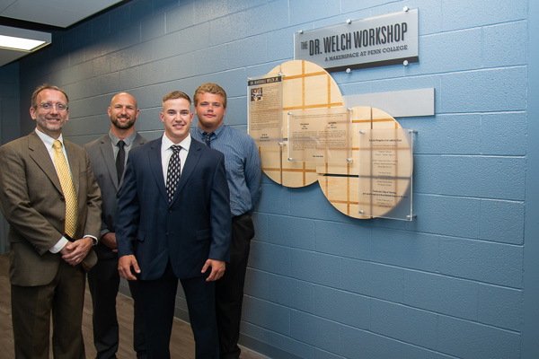 Design ideas for the space began in an architectural technology class led by Wozniak (left), and ended with combining the design ideas of (from left) Thomas P. Abernatha, ’17, of Williamsport; John A. Gondy, of Glenmoore; and Christopher D. Fox, ’17, of York. Gondy is a senior in residential construction technology and management: architectural technology concentration. (Abernatha and Fox both graduated in architectural technology.) 