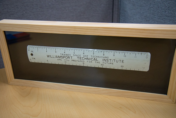 Give 'em an inch, they'll make a milestone: A ruler from the college’s past, given to the college by Thomas M. and Sarah E. Gehret, stands ready to inspire today’s tinkerers. It originally belonged to Thomas’s father, the late Joseph B. Gehret, a 1938 WTI grad who received the ruler while he was a student.