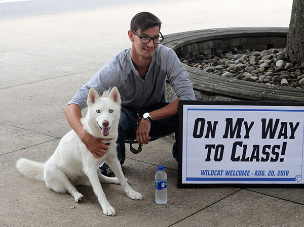 It's not all felines in Wildcat World! Shiloh, a Siberian husky, took time out of her morning stroll to indulge a photo op with her favorite student: Tyler D. Samtak, of Clifton, N.J., enrolled in building automation technology.