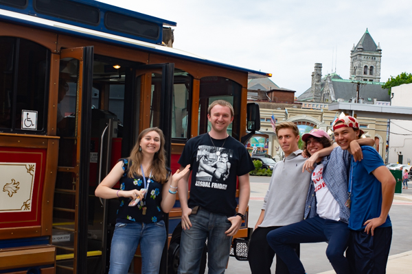 Catching the Herdic Trolley to First Friday are (from left) students Amber L. Way, of Port Matilda; Keith A. Miller, of Bellefonte; John A. Wachob, of New Hope; Patrick C. Ferguson, of Williamsport; and Jacob T. Bower, of Shippensburg.