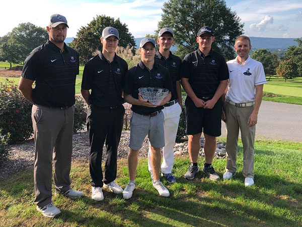 Celebrating their winning effort at this past week's Williamsport Country Club Collegiate are (from left) golfers Tyler Marks, Tyler Haynes, Brian Whelan, Austin Moscariello and Ned Baumbach, and coach Matt Haile.