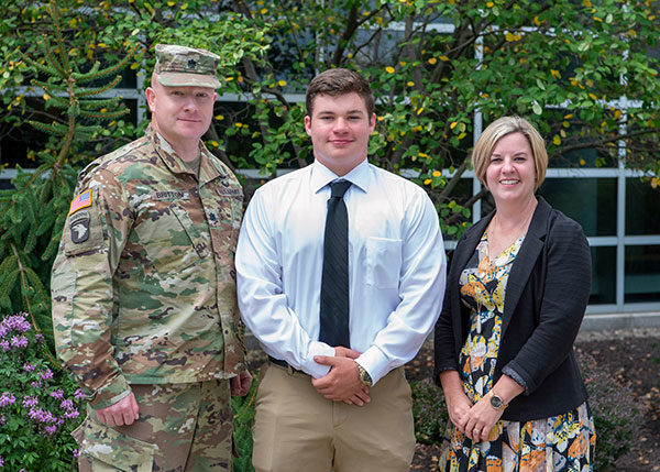 Kurt M. Maly, of Effort, is the first recipient of Pennsylvania College of Technology’s Army ROTC First-Year Scholarship. He is flanked by Lt. Col. Jonathon M. Britton, professor of military science for Bald Eagle Battalion Army ROTC, and Carolyn R. Strickland, vice president for enrollment management and associate provost at the college. 