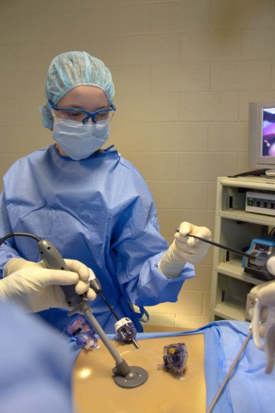Penn College student Anna G. Thompson, of Mount Carmel, practices assisting with a laparoscopic surgery in the college’s mock operating room. Over 91 percent of the college’s August surgical technology graduates passed the national certification exam for surgical technologists on their first attempt.