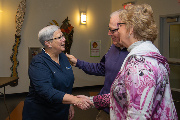 The president greets the grandparents of Madison Y. Cooper, a women’s volleyball player (who was unable to attend Breakfast with the President due to warming up for her Saturday games). Cooper’s grandparents traveled to campus from Harrisburg to balance breakfast and athletics. 