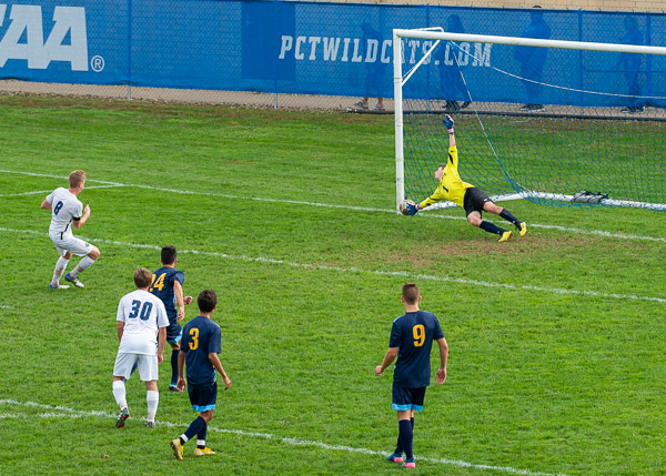 Penn College's Vance Gradwell (who had one of the Wildcats' three goals in the shutout win) tests Cazenovia's keeper.
