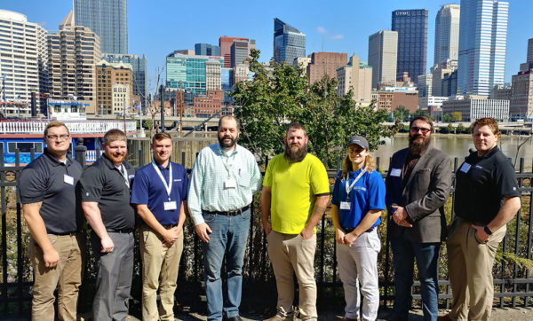 Pennsylvania College of Technology plastics and polymer engineering technology students recently attended the 34th Annual Blow Molding Conference in Pittsburgh, conducted by the Blow Molding Division of the Society of Plastics Engineers. From left are James C. Keyser II, of Dillsburg; Lucas S. Poche, of Lewistown; Nathan A. Rader-Edkin, of Williamsport; instructor Jose M. Perez; Anthony P. Wagner, of Williamsport; Danial J. Kilinski, of Montague, Mich.; Joshua M. Worthing, of New Brighton; and Spencer L. Cotner, of Muncy. 