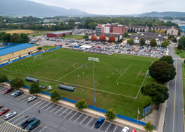 An impressive view of the soccer field and beyond ... from well above 
