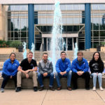 Student leaders outside the Breuder Advanced Technology & Health Sciences Center, with the newly tinted fountain spraying behind them, are (from left) Santaella; Everett B. Appleby, of Wilkes-Barre; David A. Gadalla, of Mechanicsburg; Patrick C. Ferguson, of Williamsport; Jerry A. Hudak, of Archbald; and Alexandra D. Petrizzi, of Langhorne.