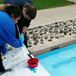 Student Natascha G. Santaella, of Williamsport, and Gary T. Pandolfi, refrigeration, heating and plumbing mechanic, send color coursing through the Veterans' Fountain.
