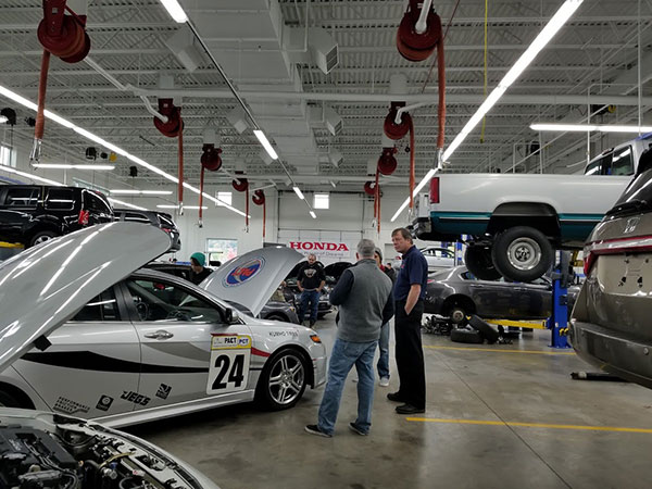 Honda PACT instructor Charles F. Probst staffs the major's spacious and well-stocked lab in the Parkes Automotive Technology Center. 