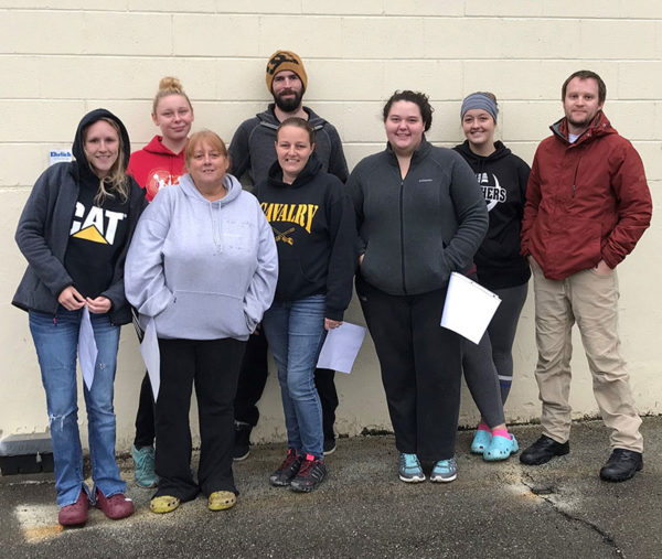 Taking part in the mock disaster (from left) are LPN students Brittany A. Rutledge, of Pleasant Mount; Taylor L. Phillips, of Trout Run; Katherine M. Sammons, of Westfield; Joseph P. Hetrick, of Wellsboro; Kimberly A. Crawford, of Brockway; Allyssa Boyd, of Wellsboro; and Marissa A. Harer, of Liberty; as well as Alex W. Borzok, instructional specialist for practical nursing at Penn College at Wellsboro.