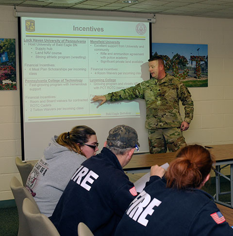 Lt. Col. Jonathon M. Britton, professor of military science, leads an information session on the college's participation in the Bald Eagle ROTC Battalion.
