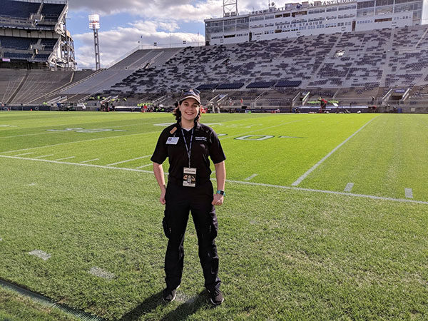 Pennsylvania College of Technology emergency medical services student Devon E. Smith, of Montoursville, is among Penn College paramedic students paired with Penn State EMS supervisors during 2018 home games in Penn State’s Beaver Stadium to provide standby medical coverage.