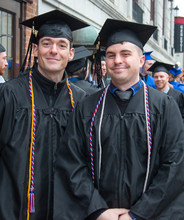 Veteran “brothers” Clinton A. Meyer (left), of Turbotville, and Ryan J. Sweitzer, of Burnham, both received bachelor degrees in software development and information management and minors in web technology.