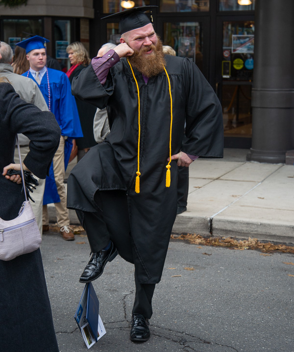 Striking a triumphant pose is Ethan D. Rosler, a welding and fabrication engineering technology graduate from Bloomsburg.  