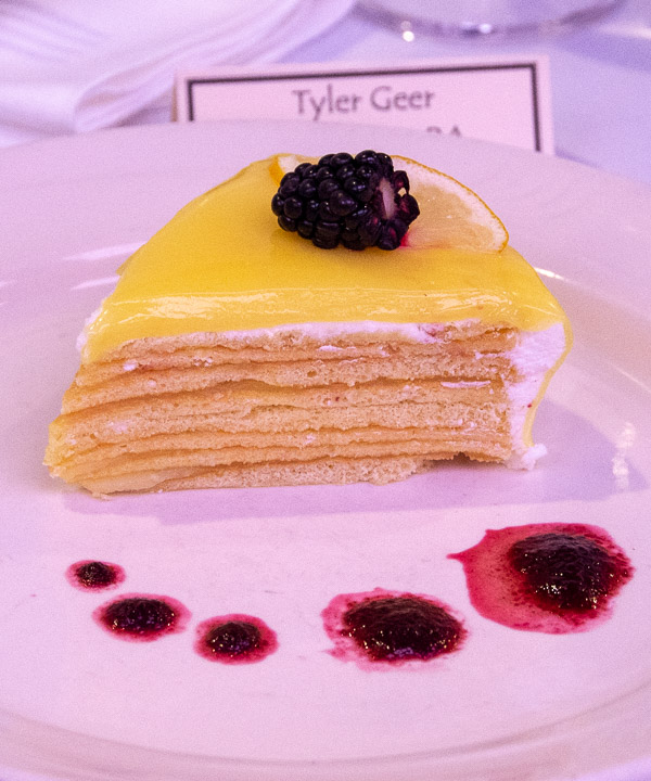 Tyler C. Geer’s lemon doberge cake, accented with blackberry coulis, receives second-place honors. Geer is from Williamsport.