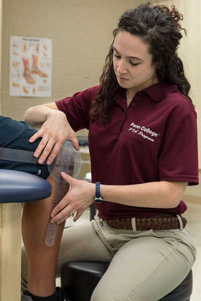 Pennsylvania College of Technology’s physical therapist assistant program received accreditation from the Commission on Accreditation in Physical Therapy Education. Taylor M. Lockerby, a member of the college’s first graduating class in August, takes a goniometric measurement of knee flexion.