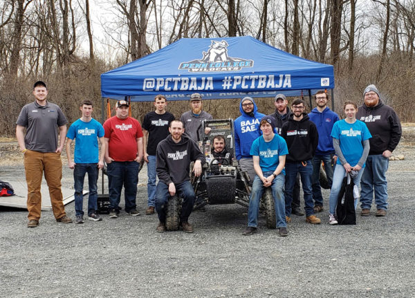 Members of Penn College’s Baja SAE team take a break during a day of testing their vehicle in preparation for Baja SAE Tennessee Tech, scheduled for April 11-14 in Cookeville, Tenn. From left are Christopher M. Schweikert, of Jamison; Dakota C. Harrison, of Lewisberry; Corey J. Mason, of Lake City; Justin R. Dahlberg, of Manahawkin, N.J.; Daniel M. Gerard, of Doylestown; John D. Kleinfelter, of Lebanon; Trevor M. Clouser, of Millmont; Shujaa AlQahtani, of Saudi Arabia; Mark A. Turek, of Red Lion; Dylan A. Bianco, of State College; Dominic J. Lepri, of Monroe Township, N.J.; David Carlson, of Elizabethtown; Morgan R. Bagenstose, of Reading; and Matthew J. Nyman, of Lock Haven.