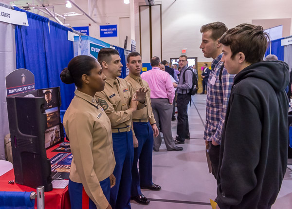 Sizing up opportunities in the Marine Corps are (at right) Dylan J. Cafone, welding technology, of Collegeville, and Cole J Norris, welding and fabrication engineering technology, of Murrysville.
