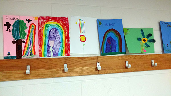 Artwork from the Girl Scouts brightens a hallway in the Carl Building Technologies Center.