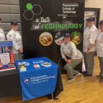 From left, students Jace A. Crowl, Cynthia R. Setzer, Maren A. Zaczkiewicz, Amber Kreitzer, and Deirdre L. Satterly represent the college at the Girls Exploring Tomorrow’s Technology festival in Phoenixville.