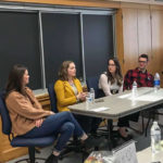 Alumni panelists (from left) McLeland, Keyser, Williams and Gray offer truthful and humorous insight into their career paths. (Photo by Stephenson)
