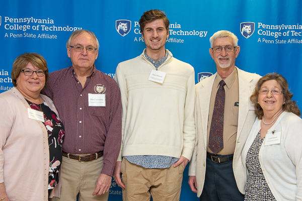 Bookended by benefactors, industrial design student Ethan M. McKenzie enjoys the afternoon with Marsha and Michael Cunningham (on left) and David and Linda Kepner (on right). McKenzie is the recipient of the Cunningham Family Scholarship and the H. David Kepner Scholarship. Michael Cunningham and David Kepner are retired, longtime college employees; Kepner continues to work part-time in Information Technology Services. 