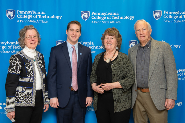 Zachary J. Kravitz (center) is joined by Joann C. Ertel (left) and Marilyn C. and David W. Seeling (on right). Kravitz, a construction management student, received the Dr. Kenneth E. and Mrs. Marion C. Carl Scholarship, named for Joann and Marilyn’s parents. Their late father was a former president of Williamsport Area Community College and a director of Williamsport Technical Institute, both forerunners of Penn College. 