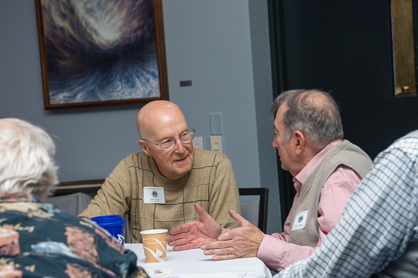 Robert Fries (left), ’45 aviation mechanics, and Walter Doebler, ’62 pattern making technician, readily reminisce.