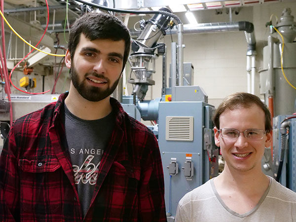 Andrew W. Woods (left), of York, and Seth D. Hummel, of Lebanon, recently represented Pennsylvania College of Technology in the 2019 Solvay AM Cup, an international competition requiring students to 3D print parts from a high-performance polymer. Both Woods and Hummel are seniors in the college’s plastics and polymer engineering technology baccalaureate major.
