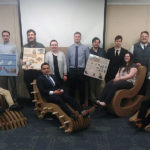 Students in building science and sustainable design (or its architectural technology concentration) present their diverse "cardboard chair" projects in the LEC on Friday morning. Front row (seated, from left): Kyle L. Bromwell, Cambridge, Md.; Tomas N. Brooks, West Chester, Melissa A. Tarhovicky, East Stroudsburg; and Jeffrey L. Sementelli, Howard. Back row (from left): Zachery Mangan, Manheim; Seth R. Henry, Wernersville; Austin C. Benham, Camp Hill; Dakotah J. Hewston, Dingmans Ferry; Danielle R. Bonis, Norwalk, Conn.; Michael Tanner Reif, Felton; Riley Ferro, Berwick; Evan J. Klinger, Bloomsburg; James J. "J.J." Heft, Montrose; Bridget A. Kranz, Patton; and Cole J. Moriarty, Winston-Salem, N.C. (Photo by Rob A. Wozniak, associate professor of architectural technology) 