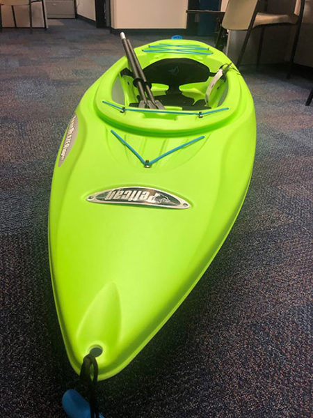 An employee-donated kayak is just one of the items awaiting bidders at Pennsylvania College of Technology’s annual Silent Auction on Friday, April 26. Held on the first floor of Madigan Library, the event raises funds for the Student Leader Legacy Scholarship Fund. 